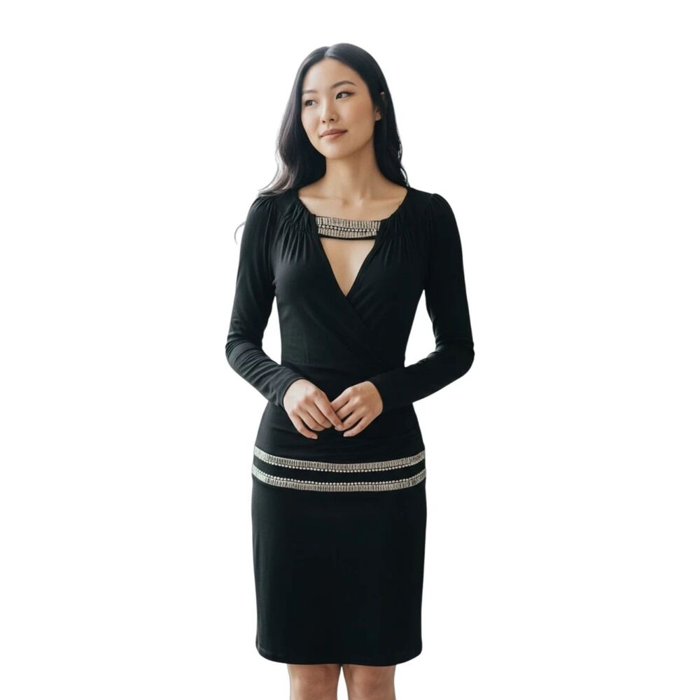 Cache Vintage Y2K Black Deep V-neck Bodycon Dress w Ruching & Beading Size XS